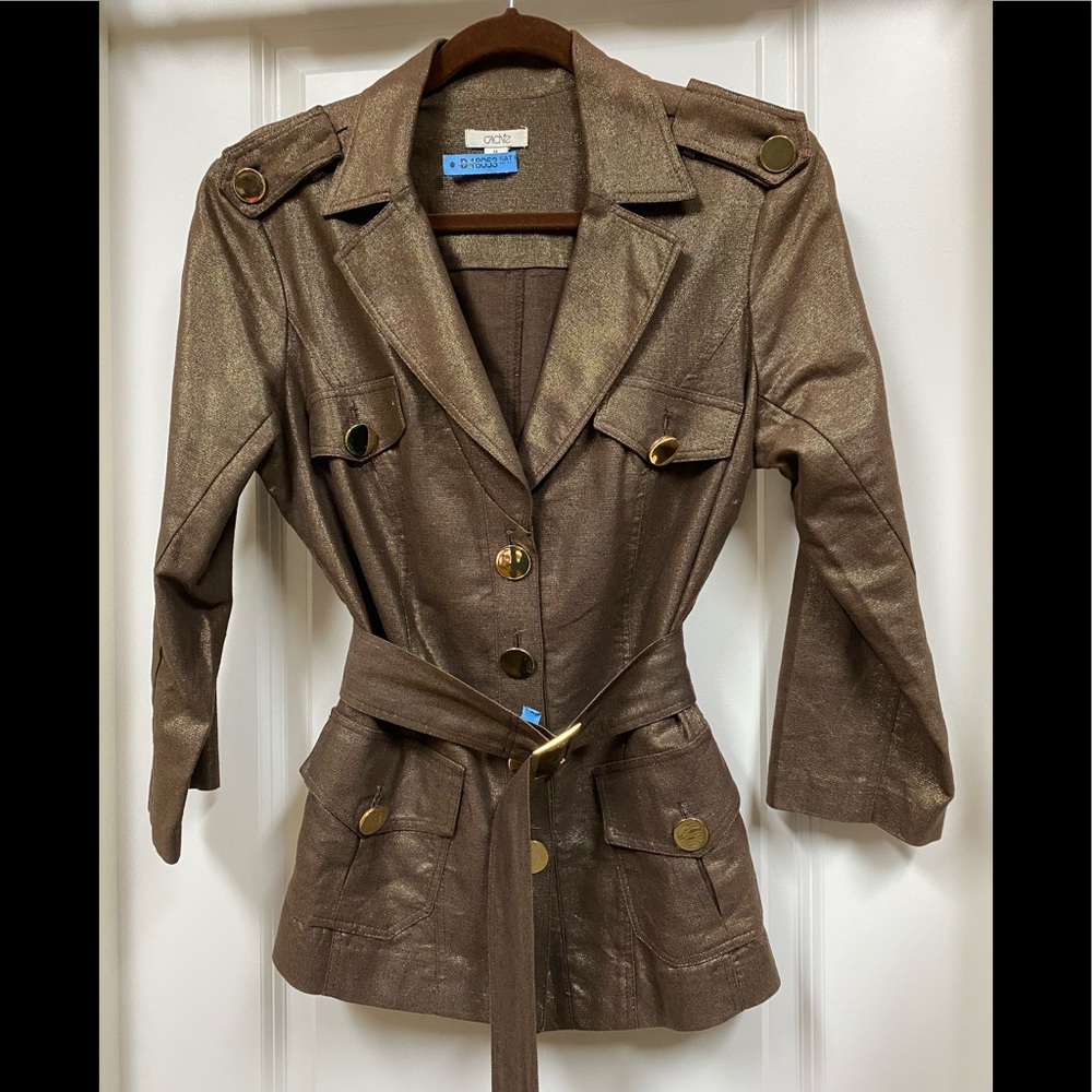 Cache belted jacket with gold buttons and shimmery brown/gold fabric. Size M